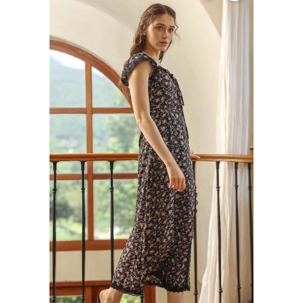 Rosie Posie Dress Womens M Black Ditsy Floral Midi Square Neck Lace Trim - Picture 6 of 7